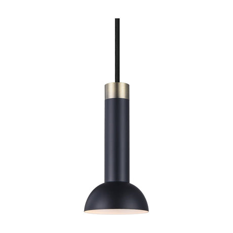 Torch Pendant Light in matt black with an antique brass collar, featuring a slim cylindrical body and a small dome shade, shown on a plain white background.