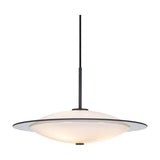 Orbit Glass 3 Light Pendant 40cm in opal and black, with a flat black disc rim, domed opal glass lens, brass knob, and black rod suspension.