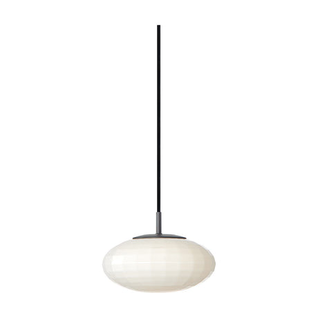 Mesh Pendant Light 20cm in opal glass, a squat ellipsoid shade with a faint mesh grid texture, hung from a black cord and flat black ceiling cap on a plain white background.
