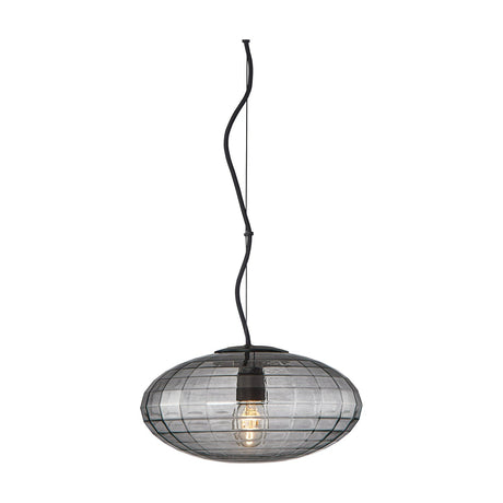 Mesh Pendant Light 28cm in Smoke, a squat smoked-glass ellipsoid shade with a faint grid pattern, black disc cap and curved cord, shown on a plain white background.