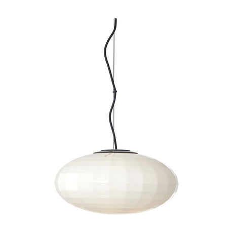 Mesh Pendant Light 36cm in opal glass with a faint mesh-textured ellipsoid shade, black cap and wavy black cord, shown on a plain white background.