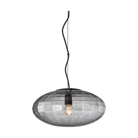 Mesh Pendant Light 36cm in smoke grey, a squat ellipsoid glass shade with a pressed grid pattern, black disc cap and flex, E27 bulb visible, on a plain white background.