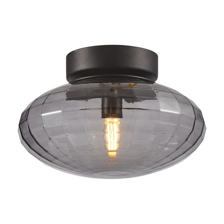 Mesh Flush Ceiling Light 20cm in smoke glass with a pressed square grid pattern, mounted to a black drum ceiling fixing, shown on a white background with a visible warm bulb.