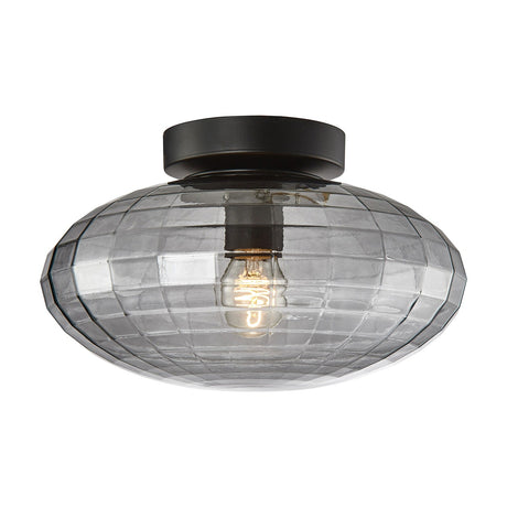 Mesh Flush Ceiling Light 28cm in smoke glass with a pressed grid pattern, matte black ceiling mount, and visible E27 filament bulb, shown on a white background.