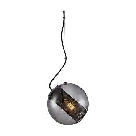 Forty Five Pendant Light 25cm in smoke glass with a black perforated cylinder sleeve, suspended off-centre on a black cord, shown on a white background.