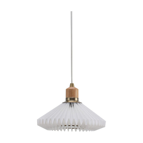 Paris Clean White Cable Pendant Light 24cm, a Scandinavian-style pendant with a finely pleated white fabric shade, pale wood collar, and brass ring, shown against a plain white background.