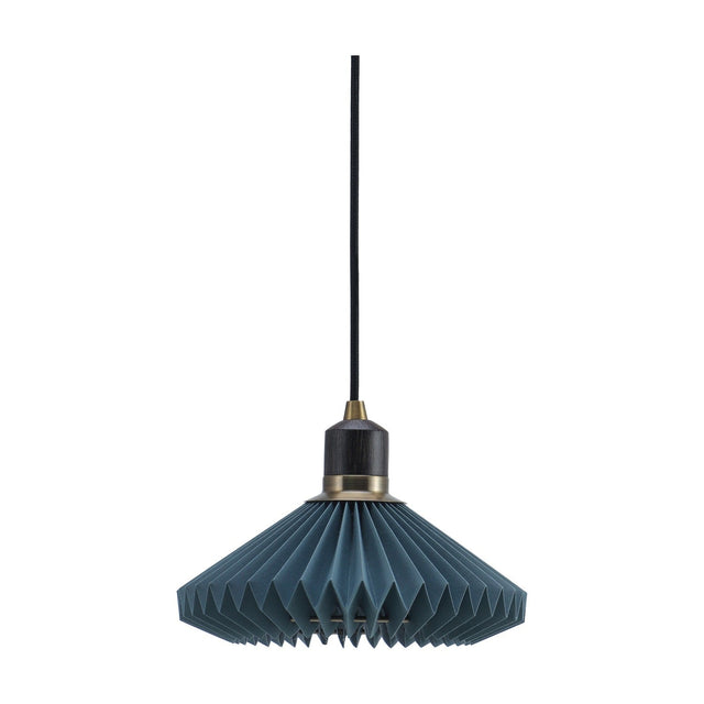 Paris Ocean Cable Pendant Light 24cm in blue pleated paper with a pointed fan-shaped skirt, dark wood collar, antique brass ring, and black cable, shown on a plain white background.