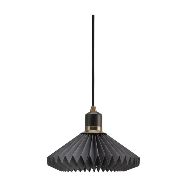 Paris Earth Cable Pendant Light 24cm in black, featuring a pleated fan-shaped paper shade with pointed rim, dark wood collar, and antique brass ring, on a plain white background.