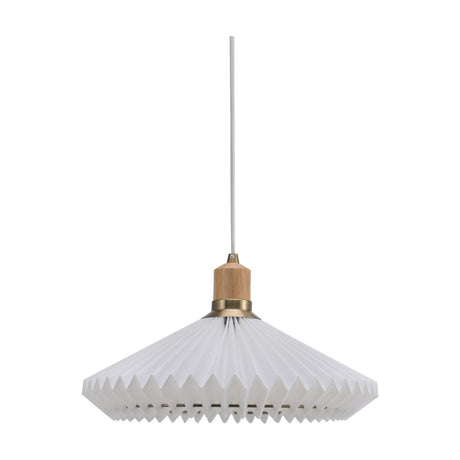 Paris Clean White Cable Pendant Light 40cm, a single-light fixture with a pleated white paper shade with pointed edges, pale wood collar and antique brass ring, on a white background.