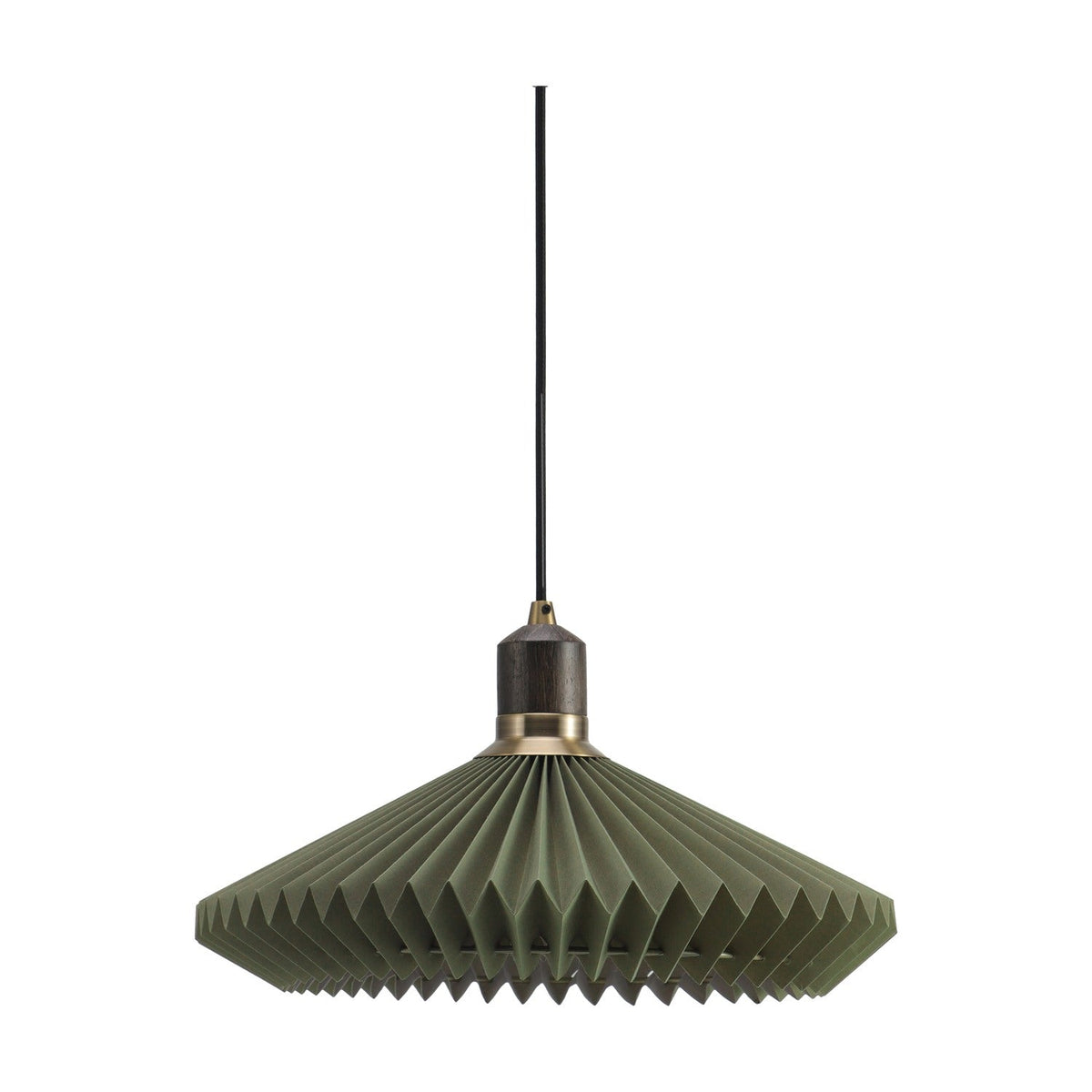 Paris Forest Cable Pendant Light 40cm with a pleated olive green paper shade, pointed rim, dark wood collar, and antique brass ring, on a black cable against a white background.