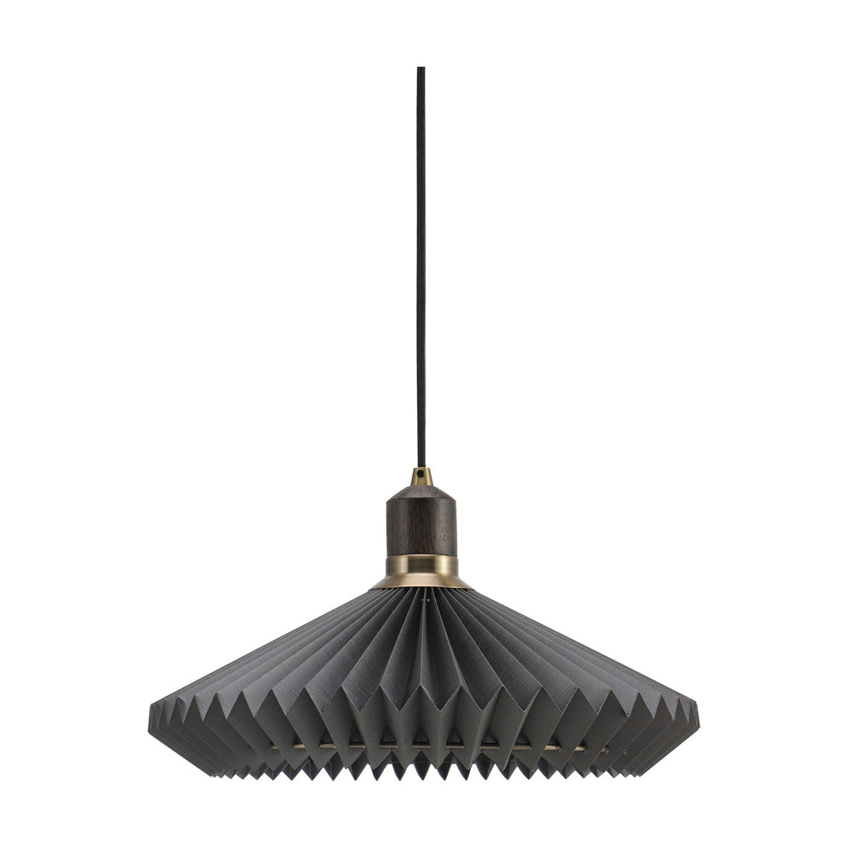 Paris Earth Cable Pendant Light 40cm in black, a fan-shaped pleated paper shade with pointed rim, dark wood collar and antique brass ring, on black cable against a white background.