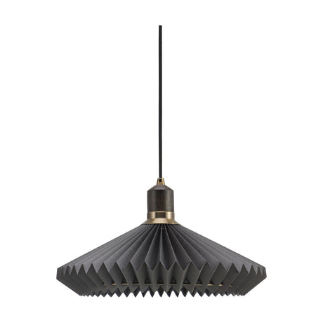 Paris Earth Cable Pendant Light 40cm in black, a fan-shaped pleated paper shade with pointed rim, dark wood collar and antique brass ring, on black cable against a white background.