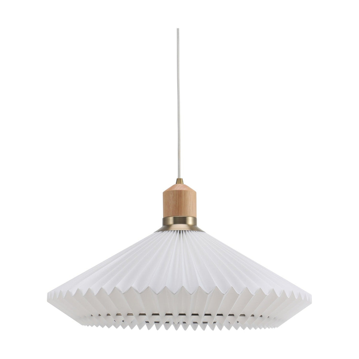 Paris Clean White Cable Pendant Light 56cm, a pleated white paper shade with pointed rim, wood collar and antique brass ring, on plain white background.