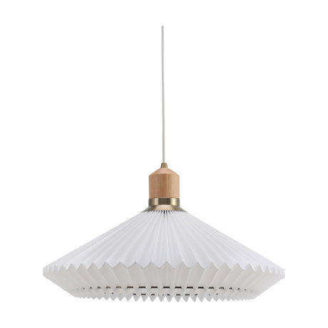 Paris Clean White Cable Pendant Light 56cm, a pleated white paper shade with pointed rim, wood collar and antique brass ring, on plain white background.