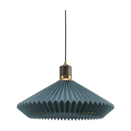 Paris Ocean Cable Pendant Light 56cm in slate blue pleated paper with a pointed rim, dark wood collar and antique brass ring, on a plain white background.