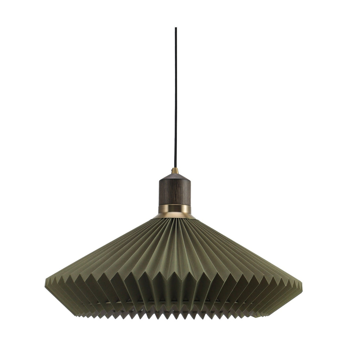 Paris Forest Cable Pendant Light 56cm in olive green pleated paper with a jagged rim, dark wood collar and antique brass ring, on a black cable against a white background.