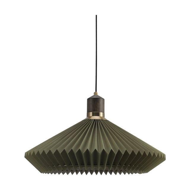 Paris Forest Cable Pendant Light 56cm in olive green pleated paper with a jagged rim, dark wood collar and antique brass ring, on a black cable against a white background.