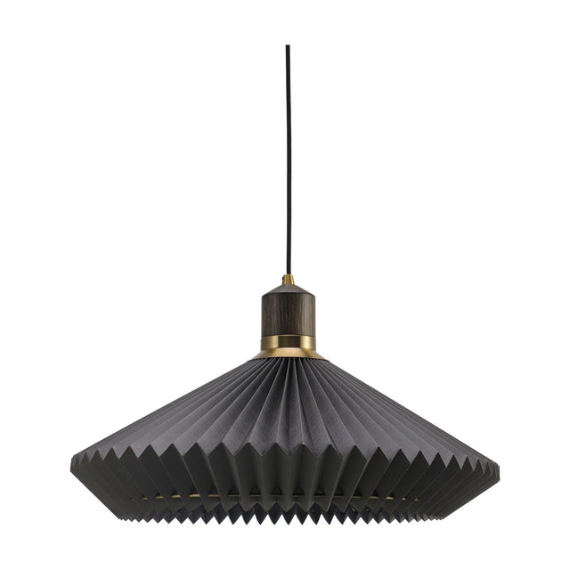 Paris Earth Cable Pendant Light 56cm in black, a wide conical pleated paper shade with pointed rim, dark wood collar and antique brass detailing, shown on a plain white background.