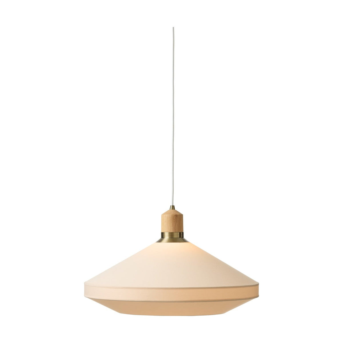 Paris Silk Pendant Light 56cm in beige fabric, cone-shaped shade with wood collar and brass ring detail, on a plain white background.