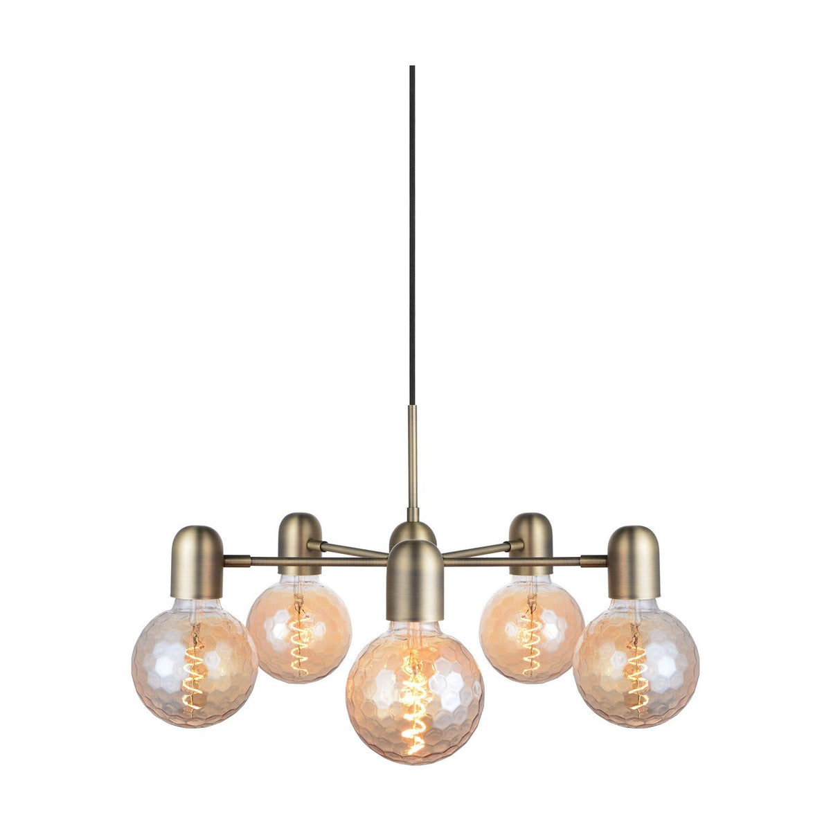 Up Downlight 5 Light Chandelier in antique brass, with a slim central stem and five arms holding globe bulbs in a spray arrangement, shown on a white background.
