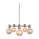 Up Downlight 5 Light Chandelier in antique brass, with a slim central stem and five arms holding globe bulbs in a spray arrangement, shown on a white background.