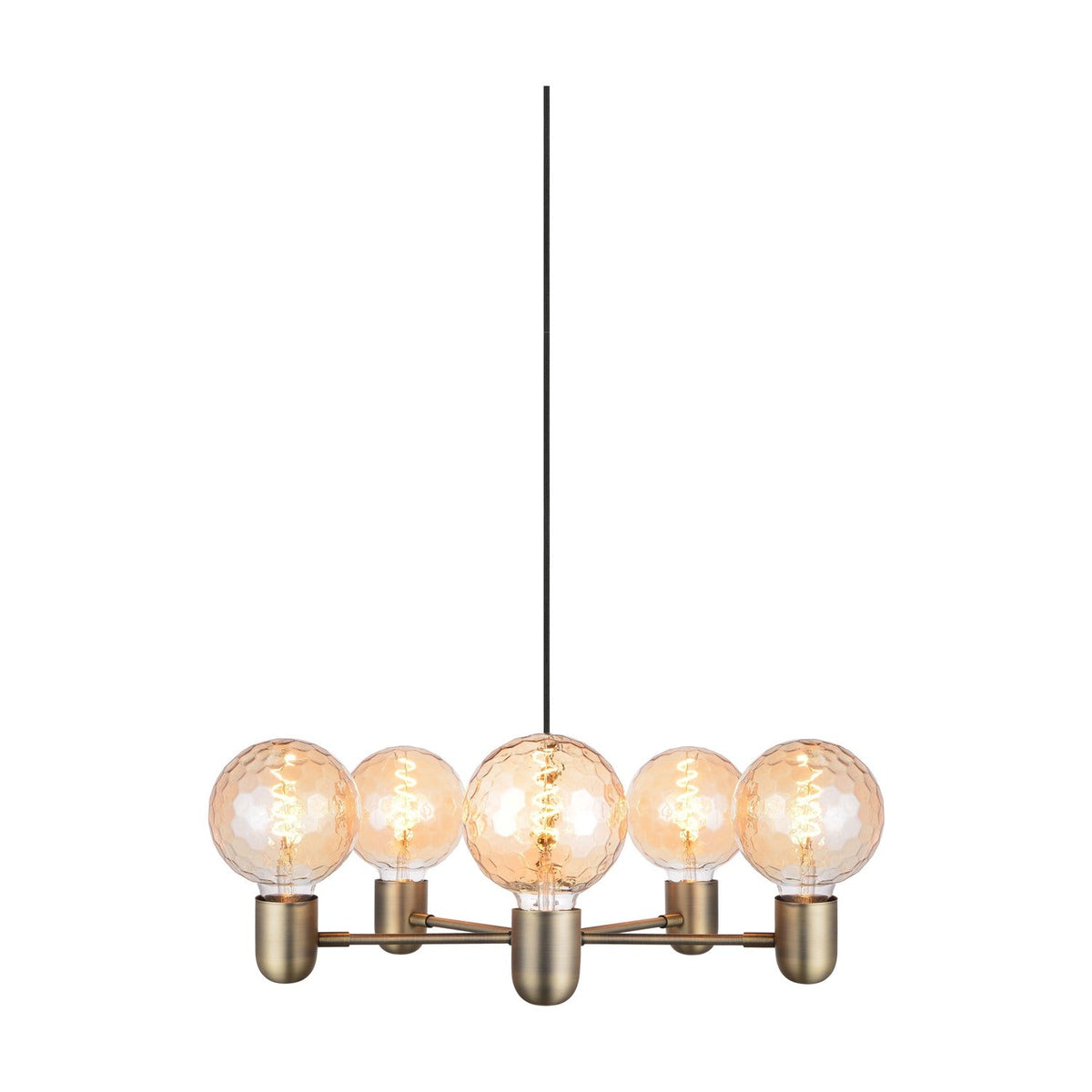 Up Downlight 5 Light Chandelier in antique brass, with five splayed arms holding amber globe bulbs on a black cord, shown against a white background.
