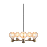 Up Downlight 5 Light Chandelier in antique brass, with five splayed arms holding amber globe bulbs on a black cord, shown against a white background.
