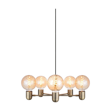Up Downlight 5 Light Chandelier in antique brass, with five splayed arms holding amber globe bulbs on a black cord, shown against a white background.