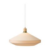 Paris Silk Pendant Light 72cm in natural cream fabric, with a cone-shaped shade stepping into a drum base, wood collar and brass fitting, shown on a plain white background.