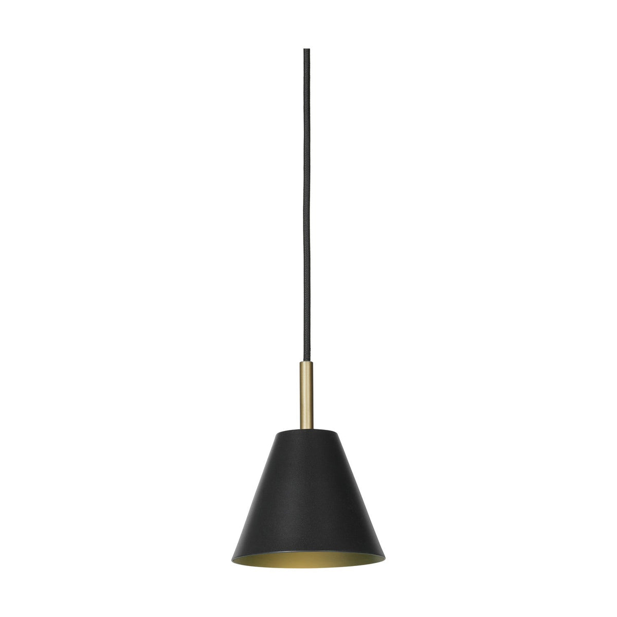 Hygge Pendant Light 12cm in graphite: a cone-shaped shade with matt black exterior and brass-lined interior, brass collar, and black cord, shown on a plain white background.