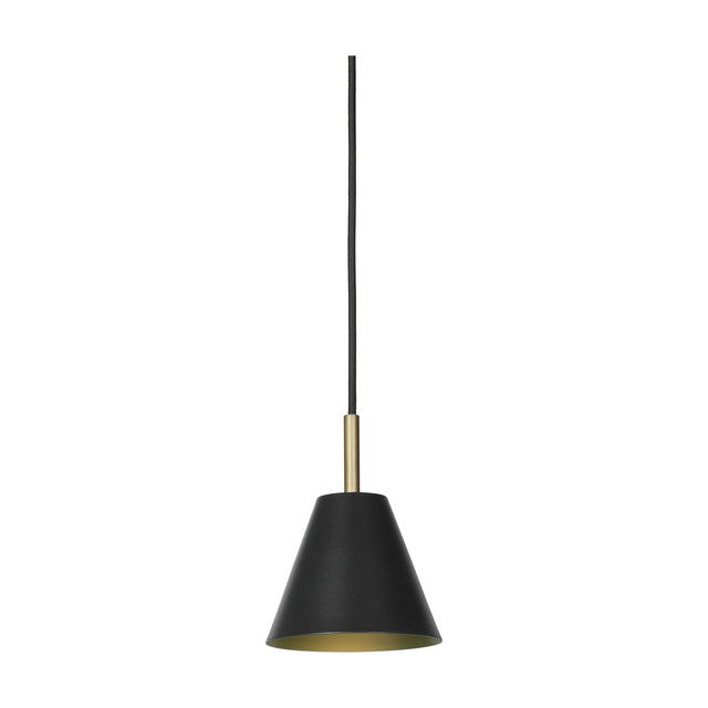 Hygge Pendant Light 12cm in graphite: a cone-shaped shade with matt black exterior and brass-lined interior, brass collar, and black cord, shown on a plain white background.