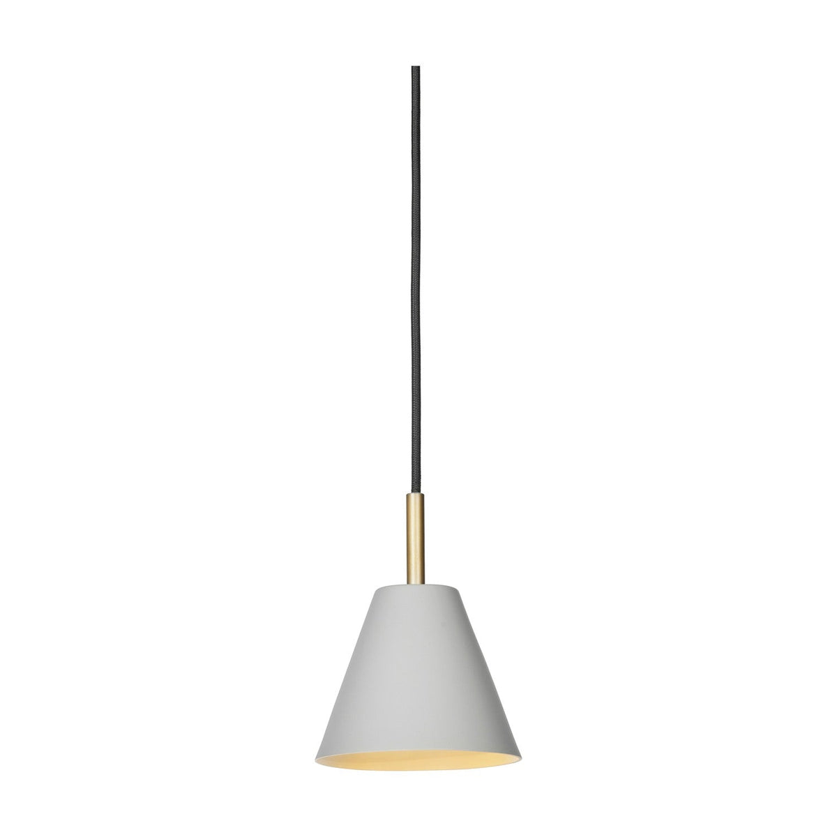 Hygge Pendant Light 12cm in warm grey, a small cone-shaped metal shade with a cream interior on a slim brass tube and black flex, shown on a plain white background.