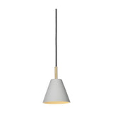 Hygge Pendant Light 12cm in warm grey, a small cone-shaped metal shade with a cream interior on a slim brass tube and black flex, shown on a plain white background.
