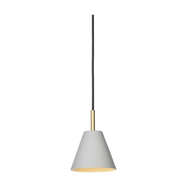 Hygge Pendant Light 12cm in warm grey, a small cone-shaped metal shade with a cream interior on a slim brass tube and black flex, shown on a plain white background.