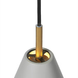 Close-up of the Hygge Pendant Light 12cm in warm grey, showing the metal cone shade's cream-lined interior and polished brass tube connecting to a black flex cord.