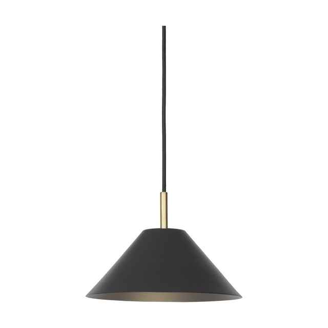 Hygge Pendant Light 24cm in graphite, a shallow cone-shaped metal shade with a brass tube fitting and black flex cord, pale interior lining, shown on a plain white background.
