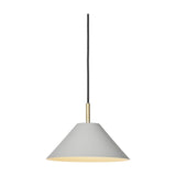 Hygge Pendant Light 24cm in warm grey, a shallow cone shade with a sharp open rim and pale interior, hung from a slim brass tube and black flex, shown on a plain white background.