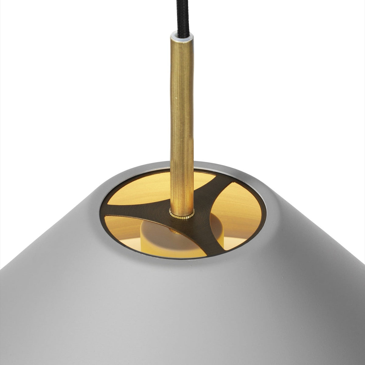 Close-up of the Hygge Pendant Light 24cm in warm grey, showing the metal cone's open rim with a brass tube and black flex against a white background.