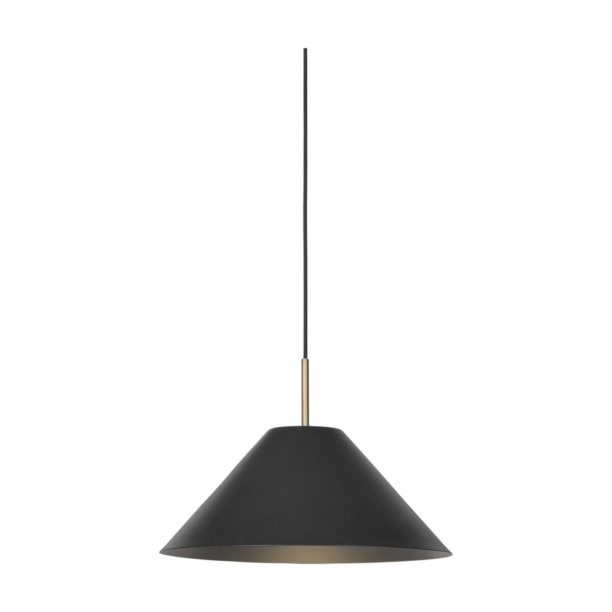 Hygge Pendant Light 40cm in graphite, a wide cone-shaped metal shade with a brass-lined interior and slim brass tube fitting, shown against a plain white background.