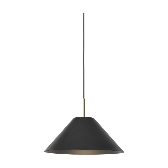 Hygge Pendant Light 40cm in graphite, a wide cone-shaped metal shade with a brass-lined interior and slim brass tube fitting, shown against a plain white background.