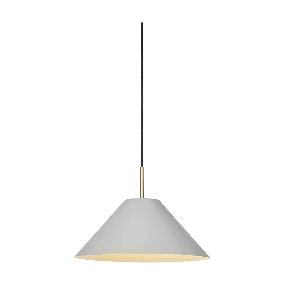 Hygge Pendant Light 40cm in warm grey, a wide cone shade with a cream-lined interior, hung from a slim brass tube and black flex against a white background.