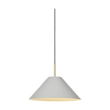 Hygge Pendant Light 40cm in warm grey, a wide cone shade with a cream-lined interior, hung from a slim brass tube and black flex against a white background.