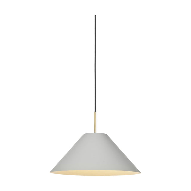 Hygge Pendant Light 40cm in warm grey, a wide cone shade with a cream-lined interior, hung from a slim brass tube and black flex against a white background.