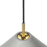 Close-up of the Hygge Pendant Light 40cm in warm grey, showing the wide cone shade with a cream-lined interior and brass tube connecting to a black fabric flex, on a plain white background.