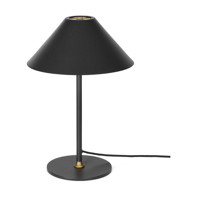 Hygge Table Lamp 24cm in graphite, with a wide black cone shade, slim stem, brass collar detail at the top, and round flat base on a plain white background.