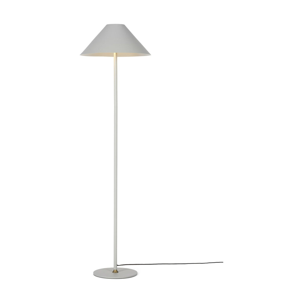 Hygge Floor Lamp 40cm in warm grey with a wide cone-shaped shade, slim tube stem, and round disc base, shown on a plain white background.