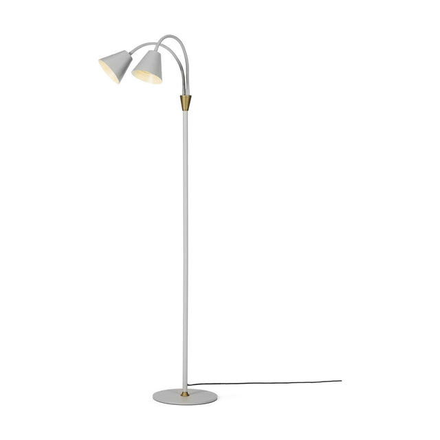 Hygge 2 Light Floor Lamp in warm grey, with a slim stem, round base, two adjustable gooseneck arms with cone shades, and a brass collar, shown on a plain white background.