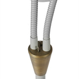 Close-up of the Hygge 2 Light Floor Lamp in warm grey, showing two flexible gooseneck arms with cone heads meeting at a brass collar atop a wood-effect base.