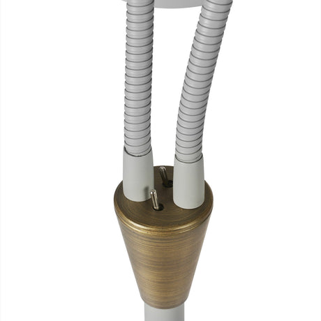 Close-up of the Hygge 2 Light Floor Lamp in warm grey, showing two flexible gooseneck arms with cone heads meeting at a brass collar atop a wood-effect base.