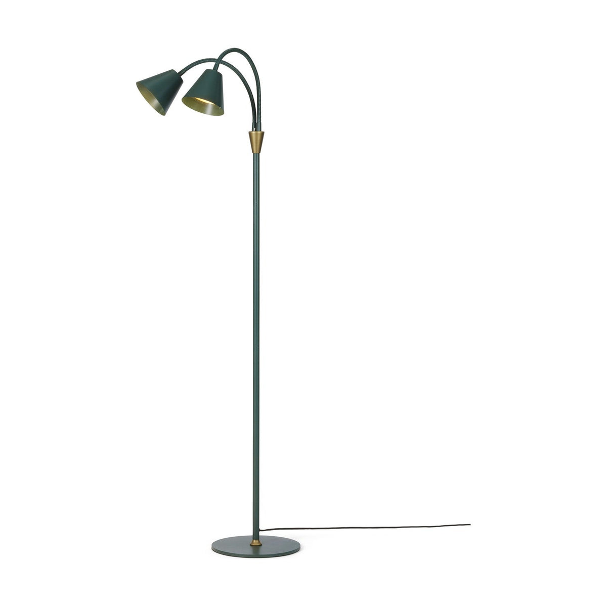 Hygge 2 Light Floor Lamp in dark green, with two adjustable gooseneck arms, brass-lined cone shades, brass collar, slim stem and round disc base, on a plain white background.